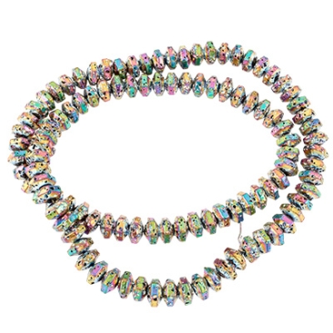 Brin de perles de lave hexagonales, galvanisées en couleur, 6,5x7,5x4 mm, perçage : 1,2 mm, longueur environ 40 cm ( environ 100 perles)