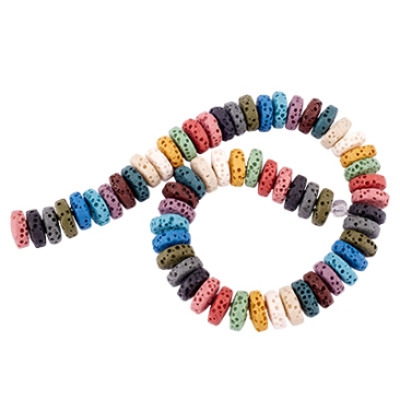 Brin de perles de lave, disque, coloré, , 8x4 mm, perçage : 2 mm, longueur environ 20 cm (environ 62 perles)