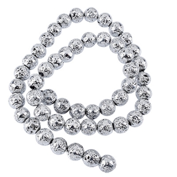 Brin de perles de lave, boule, surface galvanisée argentée, env. 8 mm, perçage : 1 mm, longueur env. 39 cm (env. 45 perles)