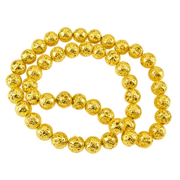 Strand of lava beads, ball, surface gold-coloured galvanised, approx. 8 mm, hole: 1 mm, length approx. 39 cm (approx. 45 beads).