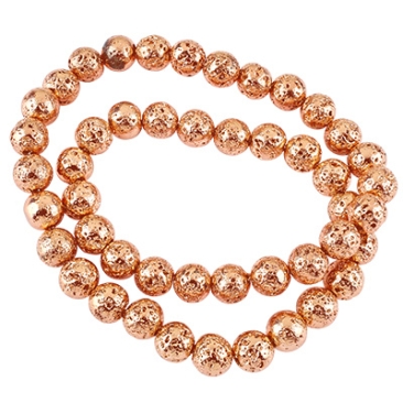 Strand of lava beads, ball, surface rosegold galvanised, approx. 8 mm, hole: 1 mm, length approx. 39 cm (approx. 45 beads).