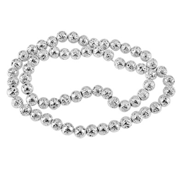 Brin de perles de lave, boule, surface galvanisée argentée, env. 6 mm, perçage : 1 mm, longueur 39 cm (env. 65 perles)