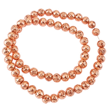 Strand of lava beads, ball, surface rosegold galvanised, approx. 6 mm, hole: 1 mm, length 39 cm (approx. 65 beads)