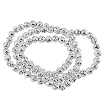 Brin de perles de lave, boule, surface galvanisée argentée, env. 4 mm, perçage : 1 mm, longueur env. 39 cm (env. 90 perles)