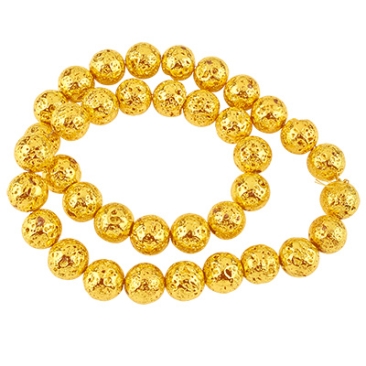 Strand of lava beads, ball, surface gold-coloured galvanised, approx. 10 mm, hole: 1.5 mm, length 39 cm (approx. 39 beads).