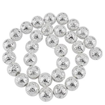 Strand of lava beads, ball, surface silver-coloured galvanised, approx. 12 mm, hole: 1.5 mm, length 39 cm (approx. 30 beads).