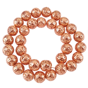 Strang Lavaperlen, Kugel, Oberfläche rosegoldfarben galvanisiert, ca. 12 mm, Bohrung: 1,5 mm, Länge 39 cm (ca. 30 Perlen)