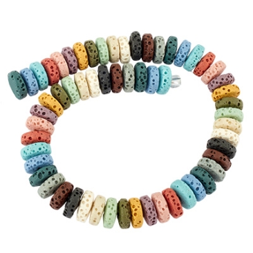 Strand of lava beads, coloured, disc, 8x4 mm, hole: 1.5 mm, strand approx. 20 cm (approx. 54 beads)