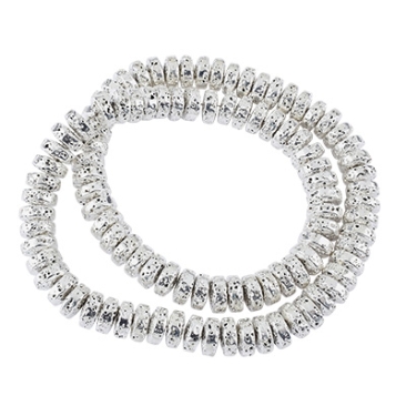 Brin de perles de lave, disque, surface galvanisée argentée, 8x4 mm, perçage : 1,2 mm, longueur environ 40 cm (environ 100 perles)