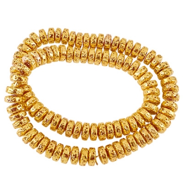 Strand of lava beads, disc, surface gold-coloured galvanised, 8x4 mm, hole: 1.2 mm, length approx. 40 cm (approx. 100 beads).