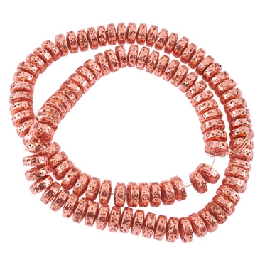 Strang Lavaperlen, Scheibe, Oberfläche rosegoldfarben galvanisiert, 8x4 mm, Bohrung: 1,2 mm, Länge ca. 40 cm (ca. 100 Perlen)