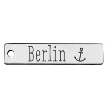 Stainless steel pendant, rectangle, 40 x 9 mm, motif: Berlin, silver-coloured