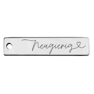 Stainless steel pendant, rectangle, 40 x 9 mm, motif: Curious, silver-coloured