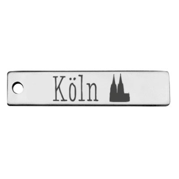 Pendentif en acier inoxydable, rectangle, 40 x 9 mm, motif : Cologne avec cathédrale, argenté
