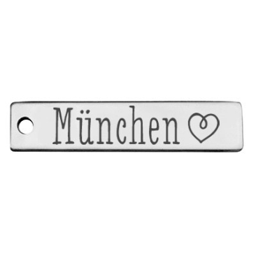 Pendentif en acier fin, rectangle, 40 x 9 mm, motif : Munich avec coeur, argenté