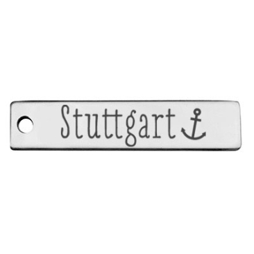 Stainless steel pendant, rectangle, 40 x 9 mm, motif: Stuttgart with anchor, silver-coloured