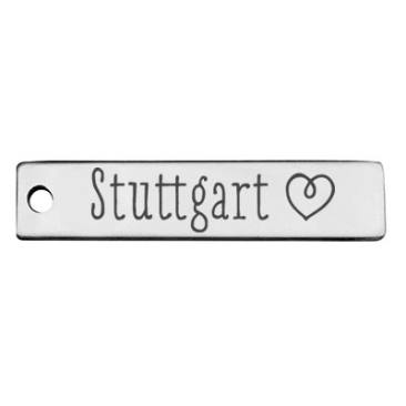 Stainless steel pendant, rectangle, 40 x 9 mm, motif: Stuttgart with heart, silver-coloured