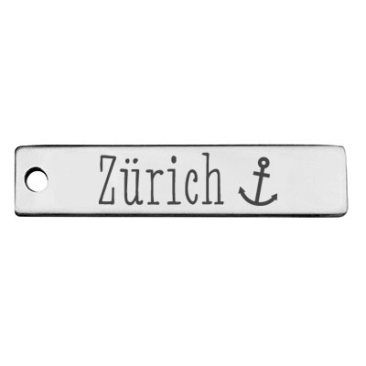 Stainless steel pendant, rectangle, 40 x 9 mm, motif: Zurich, silver-coloured