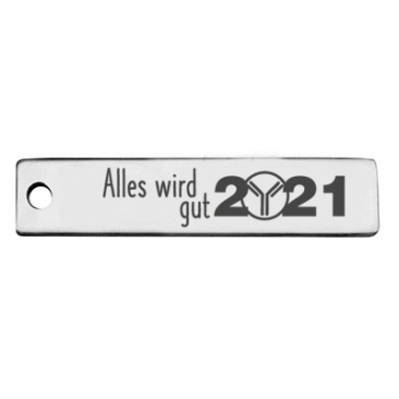Stainless steel pendant, rectangle, 40 x 9 mm, motif: All will be well 2021, silver-coloured