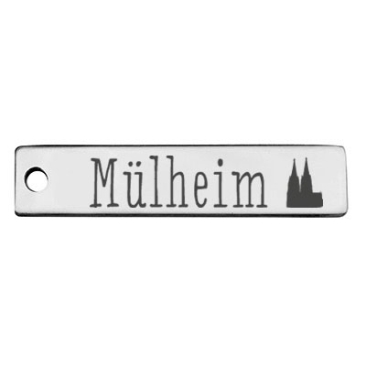 Stainless steel pendant, rectangle, 40 x 9 mm, motif: Cologne Mülheim district, silver-coloured