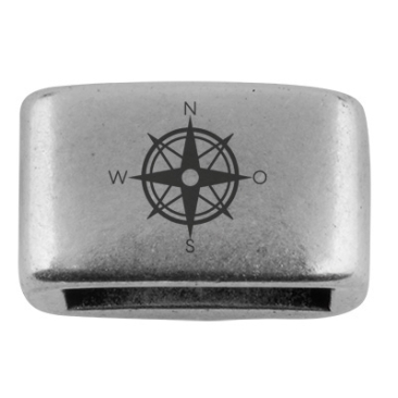 Spacer with engraving "Compass rose", 14 x 8.5 mm, silver-plated, suitable for 5 mm sail rope