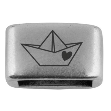 Spacer with engraving "Paper boat", 14 x 8.5 mm, silver-plated, suitable for 5 mm sail rope