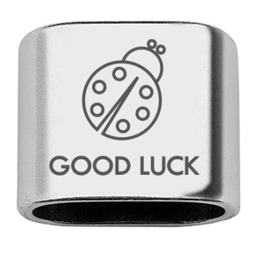 Intermediate piece with engraving "Good Luck" with ladybird, 20 x 24 mm, silver-plated, suitable for 10 mm sail rope