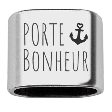 Spacer with engraving "Porte-bonheur", 20 x 24 mm, silver-plated, suitable for 10 mm sail rope