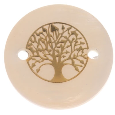 Perlmutt Armbandverbinder, rund, Motiv Baum des Lebens goldfarben, Durchmesser 16 mm