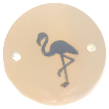 Parelmoer armbandverbinder, rond, motief flamingo zilverkleurig, diameter 16 mm