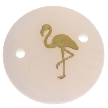 Parelmoer armbandverbinder, rond, motief flamingo goudkleurig, diameter 16 mm