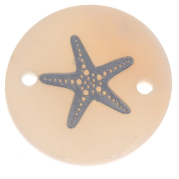 Mother-of-pearl bracelet connector, round, motif starfish silver-coloured, diameter 16 mm