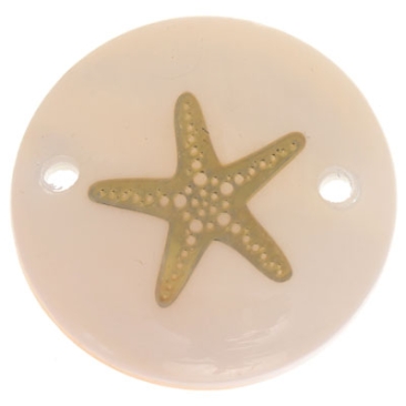 Mother-of-pearl bracelet connector, round, motif starfish gold-coloured, diameter 16 mm