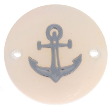 Mother-of-pearl bracelet connector, round, motif anchor silver-coloured, diameter 16 mm