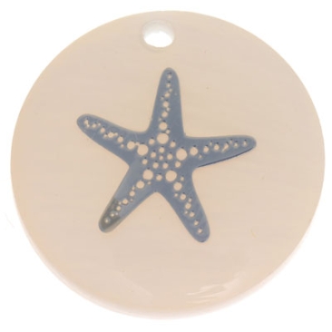 Mother-of-pearl pendant, round, motif starfish silver-coloured, diameter 16 mm
