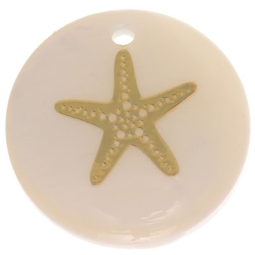Pendentif nacre, rond, motif étoile de mer doré, diamètre 16 mm
