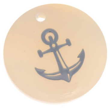 Mother-of-pearl pendant, round, motif anchor silver-coloured, diameter 16 mm