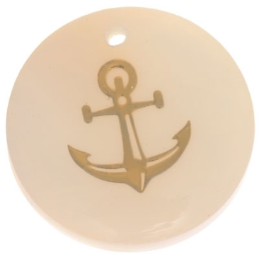 Mother-of-pearl pendant, round, motif anchor gold-coloured, diameter 16 mm