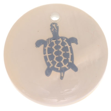 Mother-of-pearl pendant, round, motif turtle silver-coloured, diameter 16 mm