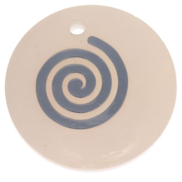 Pendentif nacre, rond, motif spirale argenté, diamètre 16 mm