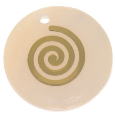 Mother-of-pearl pendant, round, motif spiral gold-coloured, diameter 16 mm