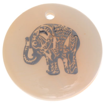 Pendentif en nacre, rond, motif éléphant argenté, diamètre 16 mm
