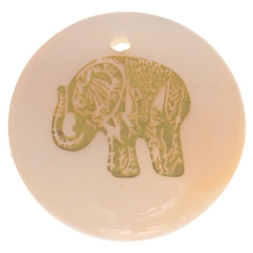 Parelmoer hanger, rond, motief olifant goudkleurig, diameter 16 mm