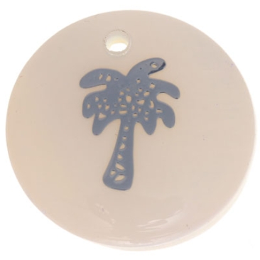 Pendentif nacre, rond, motif palmier argenté, diamètre 16 mm