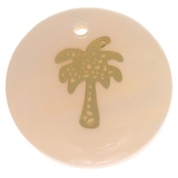 Mother-of-pearl pendant, round, motif palm tree gold-coloured, diameter 16 mm