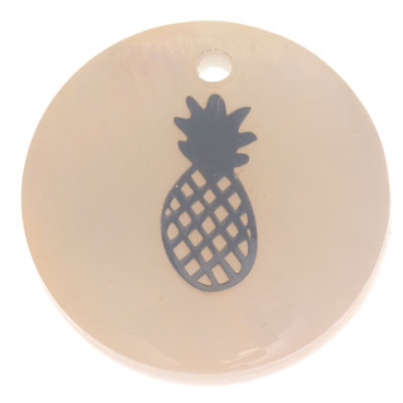 Pendentif nacre, rond, motif ananas argenté, diamètre 16 mm