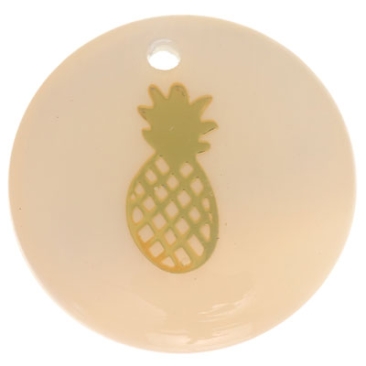 Pendentif nacre, rond, motif ananas doré, diamètre 16 mm