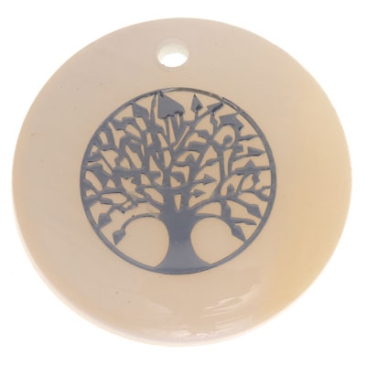 Mother-of-pearl pendant, round, motif tree of life silver-coloured, diameter 16 mm