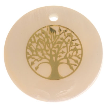 Mother-of-pearl pendant, round, motif tree of life gold-coloured, diameter 16 mm