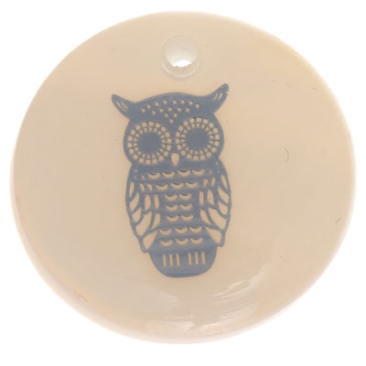 Mother-of-pearl pendant, round, motif owl silver-coloured, diameter 16 mm